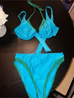 Sanctuary Turquoise Bikini Top with Green Trim